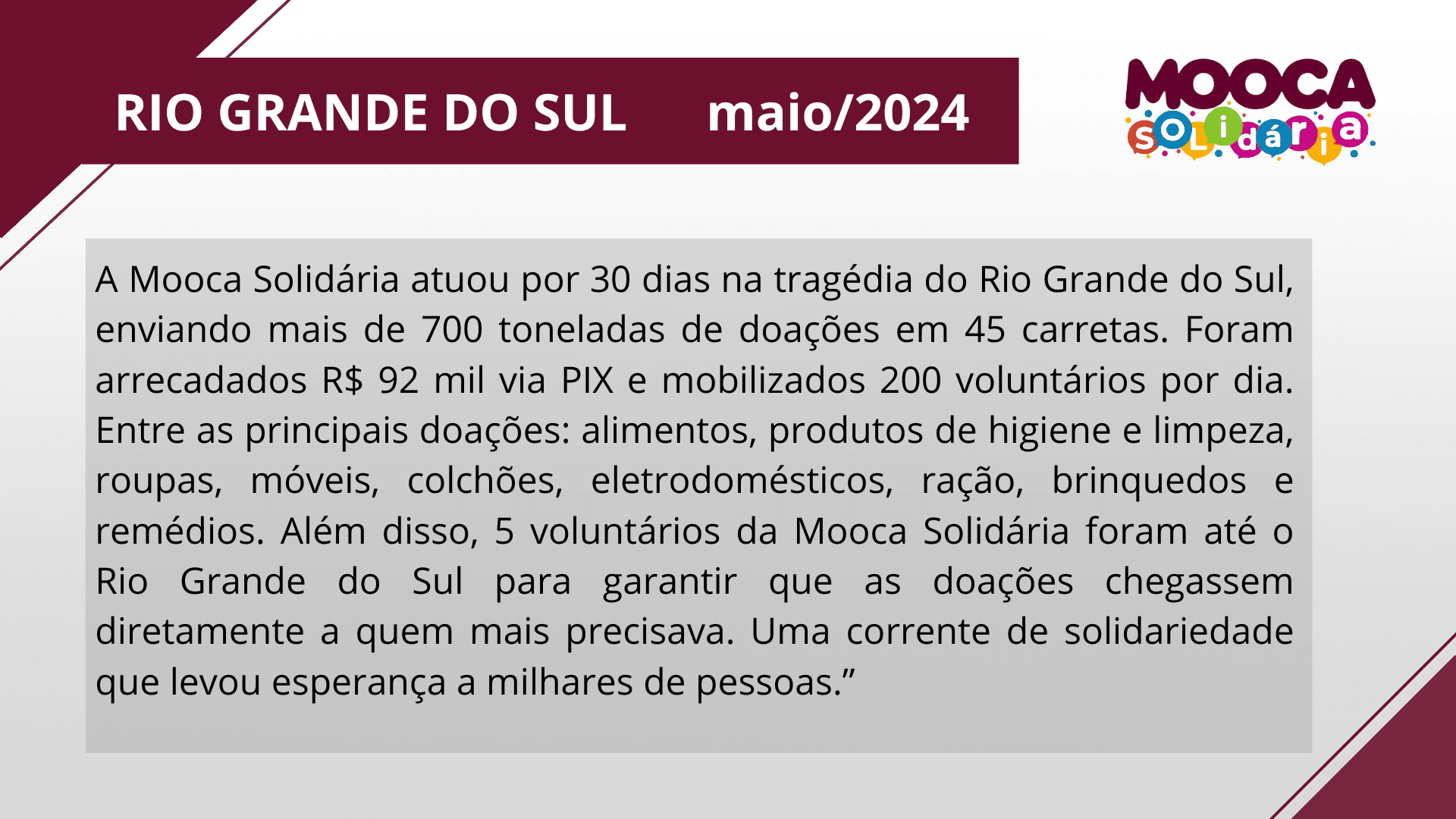 Rio Grande do Sul maio 2024 descrição detalhada da missão e doações