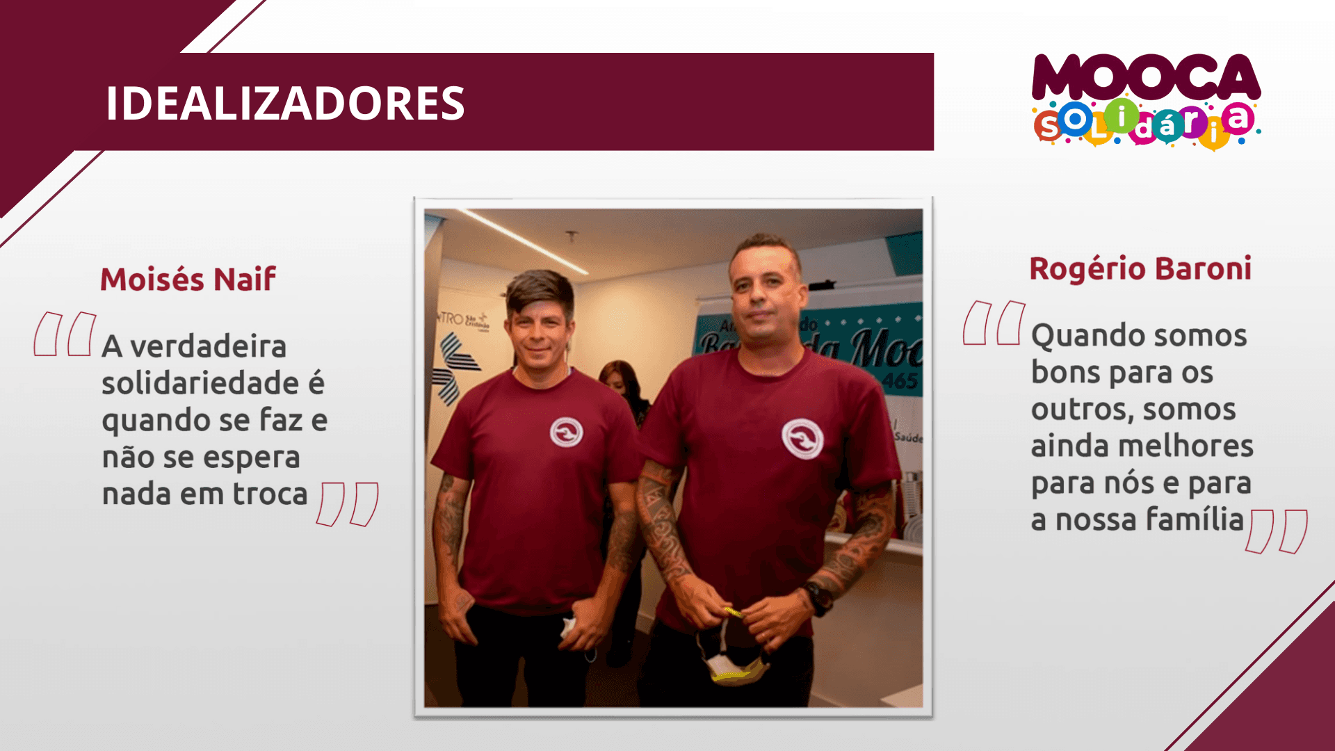 Idealizadores Mooca Solidária com fotos e frases de Moisés Naif e Rogério Baroni