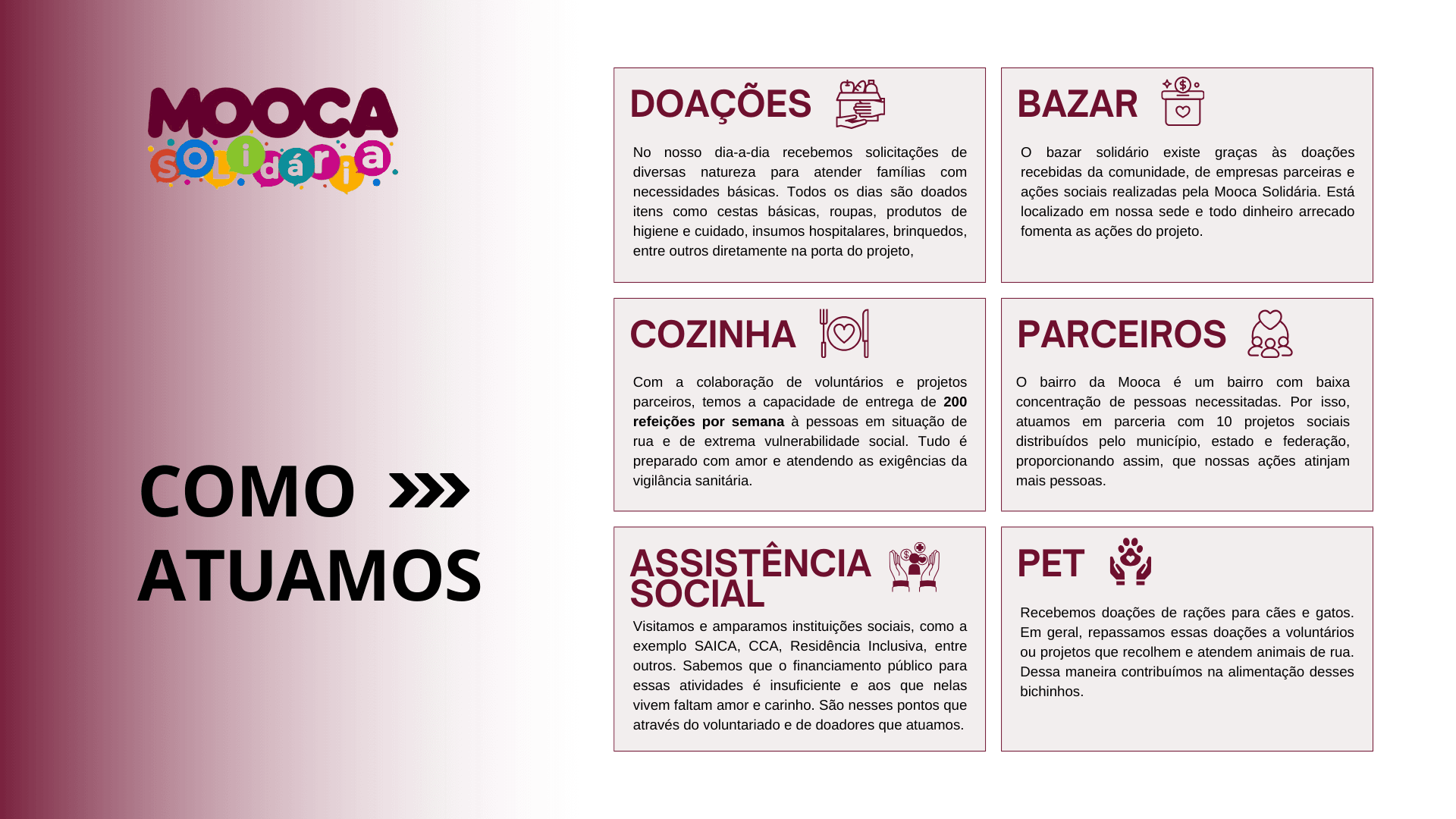 Como atuamos: doações, bazar, cozinha, parceiros, assistência social e pet