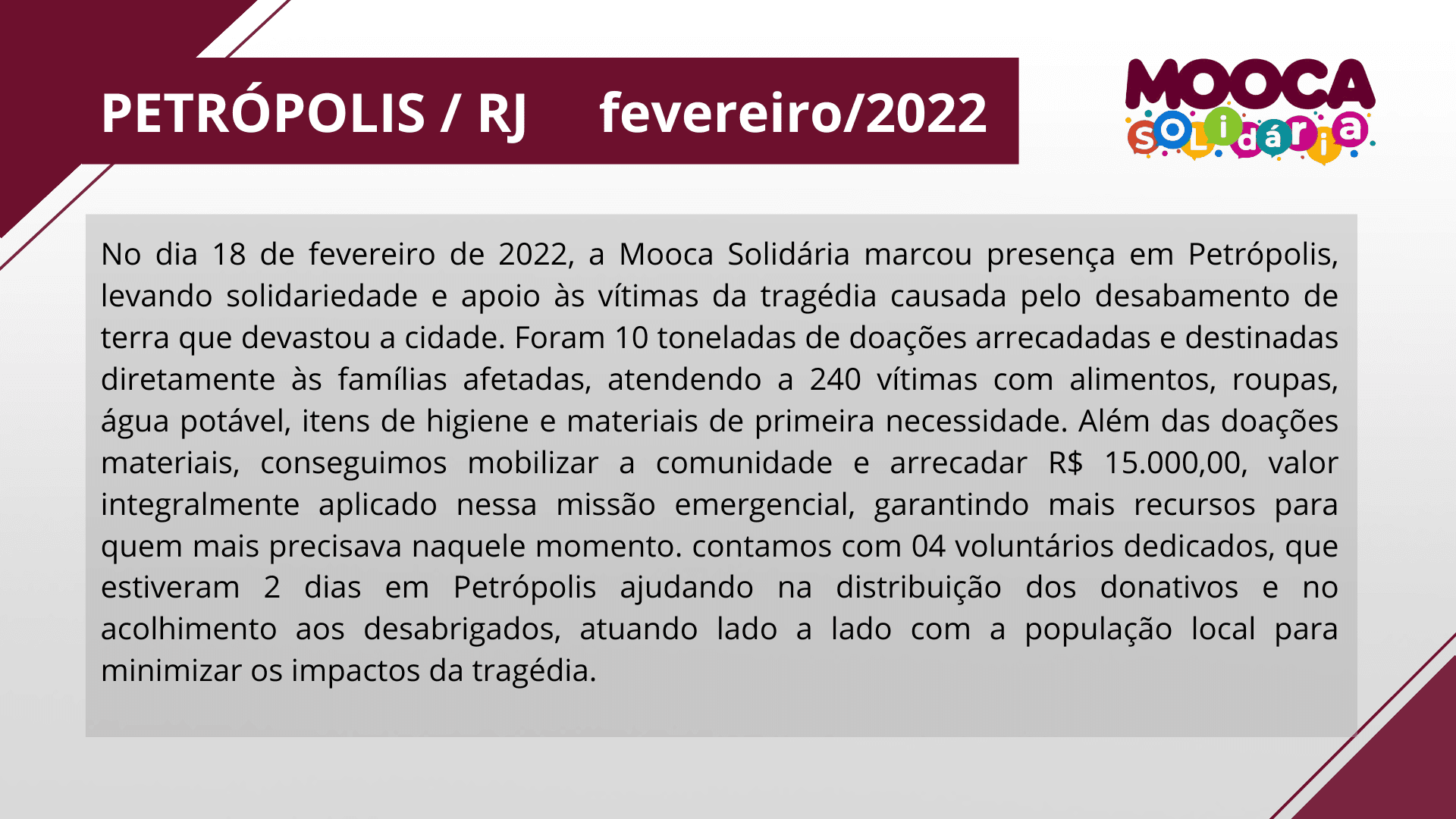 Petrópolis RJ fevereiro 2022 descrição detalhada da missão e doações