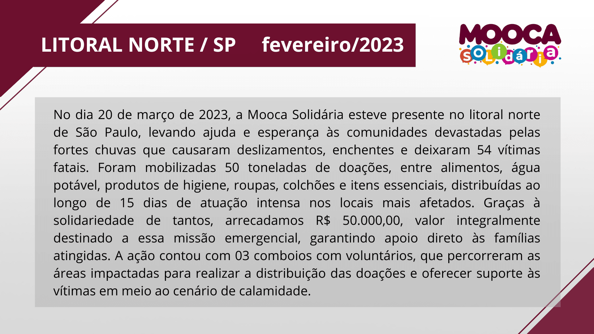 Litoral Norte SP fevereiro 2023 descrição detalhada da missão e doações
